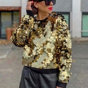 NWT Zara Sequin Black & Gold Sweater